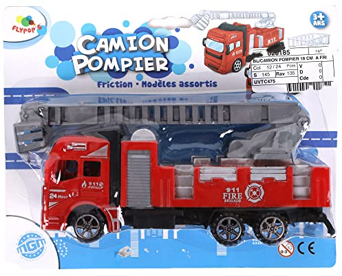 FLYPOP'S - Feuerwehrauto - Mini-Fahrzeug - 020185 - Zufallsmodell - Kunststoff - Friktionsfahrzeug - Auto - Leiter - Korb - Kinderspielzeug - 18 cm x 8,5 cm - Ab 3 Jahren
