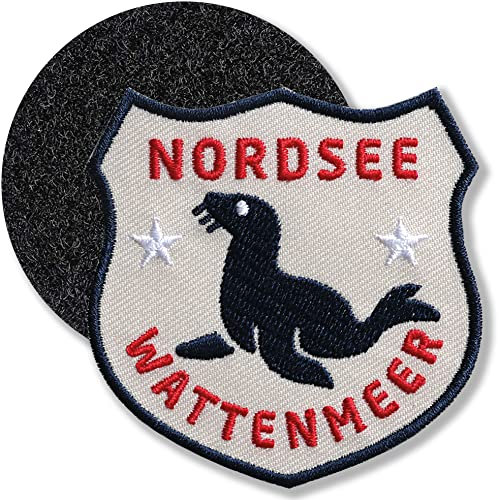 Nordsee Seehund Natur/Klett-Patch gestickt 60 x 61 mm/Klett Patch Patches Abzeichen Aufnäher Applikation zum aufkleben aufnähen auf Kleidung Rucksack Tasche/COH