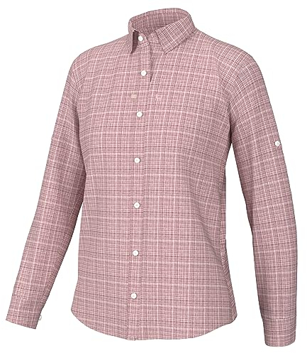HUK Camicia a maniche lunghe da donna con motivo a punta di marea, bottone, frusta pesca, XS