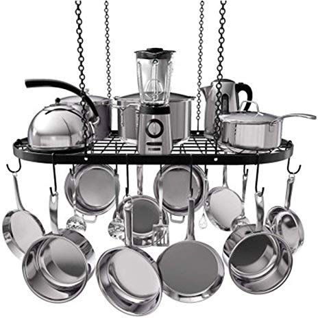 ZAANU Deep Stir Fry Pan, Pot Rack Ceiling Mount Cookware Rack Hanging Hanger Organizer With Hooks Grid Wall Mount Pot Rack Kitchen Cookware Hanging Organizer (Black,82x41x60cm) (Black 82x41x60cm)
