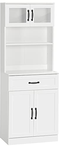 HOMCOM Buffet Haut Armoire de Cuisine 2 Portes vitrées étagère tiroir et Placard Double Porte - 60 x 38 x 161 cm - Blanc