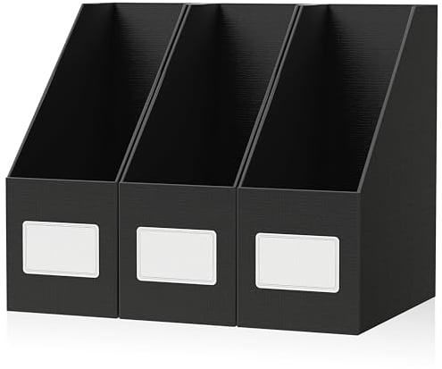 JiaWei Lot de 3 Porte revues, robuste fond, en carton extra robuste de 1800 g/m², 10,5 cm de large, porte-revues A4, pour la maison, le bureau et l'école – Noir
