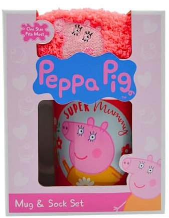 HOX Xpressions Peppa Pig Super Mummy Ceramic Mug 11oz & Pink Socks Gift Set | Novelty Mug & Cotton Crew Socks with Breathable Fabric | Peppa Pig Licensed Merchandise | Gifted Box for Mother’s Day