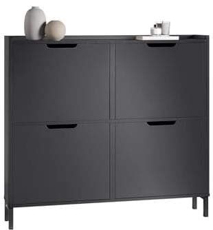 SoBuy Schuhschrank schmal mit 4 Klappen platzsparender Schuhkipper Hoch Kommode mit 8 Ablagen Schuhregal geschlossen Shoe Cabinet Flurschrank für Diele, Flur, Garderobe 100x91x19cm Schwarz FSR100-SCH