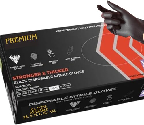 firmsafeT Heavy Duty Strong Disposable Black Nitrile Examination Gloves, Premium Quality| Medical| Mechanical| Industrial| Hair & Beauty| Food| Janitorial| Powder Free| Latex Free (200, XXL)