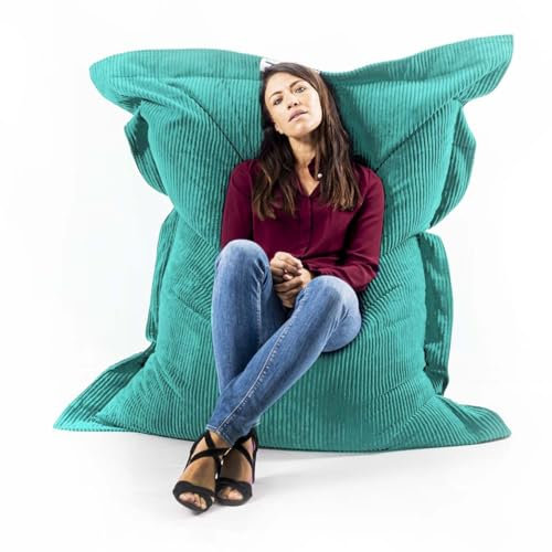 LIVEDECO - Pouf Déhoussable avec Billes, Rectangulaire, Velours Côtelé Turquoise, Intérieur pour Salon, Chambre - BiG52