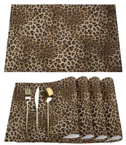 Leopard Print Placemats Fabric Table Mats Set of 6 Leopard Pattern Placemat for Kitchen Dining Table Home Washable Non-Slip Heat Place Mat