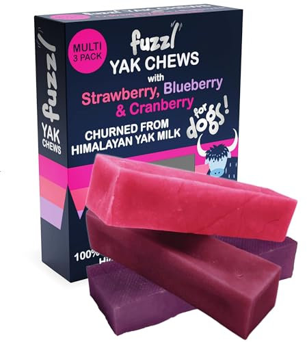 Fuzzl Yak Kaukäse für Hunde - 3er Pack Erdbeere, Blaubeere, Cranberry - 195g Hundeleckerli aus Himalaya Yak Milch