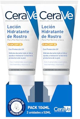 CeraVe, Feuchtigkeitsspendende Gesichtslotion LSF 30, 2 x 52 ml, für normale bis trockene Haut, feuchtigkeitsspendend und Schutz vor UVB/UVA-Strahlen, angereichert mit Ceramiden, 52 ml