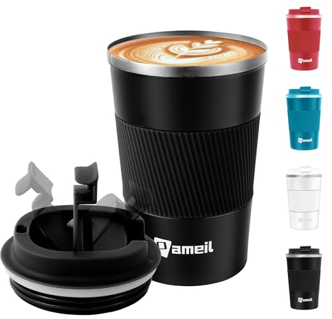 Pameil Thermobecher Kaffeebecher to go 380ml Edelstahl Kaffee-to-go Becher Thermo, Vakuum auslaufsicher Isolierbecher mit Deckel, Autobecher doppelwandig isoliert coffee to go becher (Schwarz, 1)