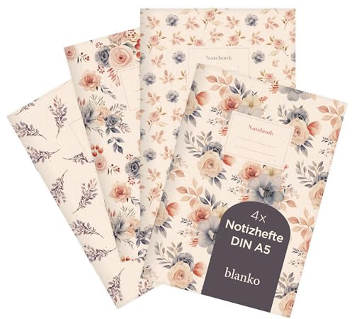 etmamu 1069 4er-Set Notizheft A5 | Blumen Muster Aquarell Rosen Zweige | für Notizen, Skizzen, Bullet Journal & Planungen | Blanko