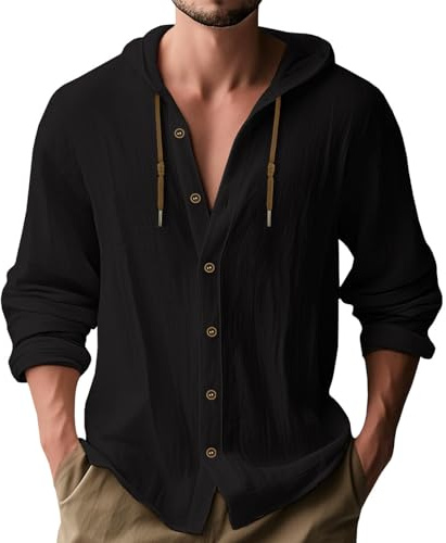 MakingDa Hooded Shirt Men Thin Long Sleeve Hoodie Summer Lightweight Linen Button Down Beach Tops