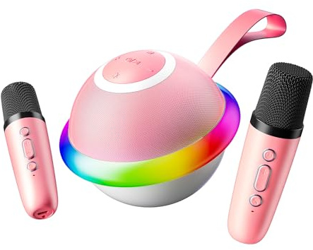 Mini Karaoke Machine for Kids with 2 Wireless Microphones, Portable Bluetooth Speaker Gift for Girls Toys 4, 5, 6, 7, 8, 9, 10, 12+ Years, LED Lights Chritmas Birthday Festival for Party, Home(Pink)