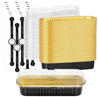 Hniuyun Mini Loaf Tins with Lids, 50 Pack 200ml Foil Baking Pans | Rectangle, Aluminium, Clear Lid, Stickers, Mini Cake Tins, Brownie Baking Cups for Wedding Party, Black