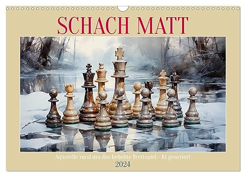 Schach Matt (Wandkalender 2024 DIN A3 quer), CALVENDO Monatskalender: Aquarelle rund um das beliebte Schachspiel - KI generiert (CALVENDO Kunst)