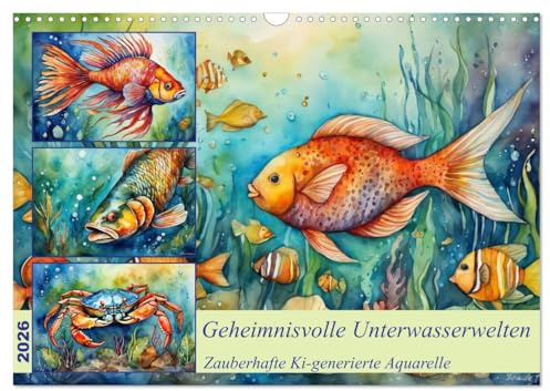 Geheimnisvolle Unterwasserwelten (Wandkalender 2026 DIN A3 quer), CALVENDO Monatskalender: Zauberhafte von der KI generierte Aquarelle (CALVENDO Tiere)