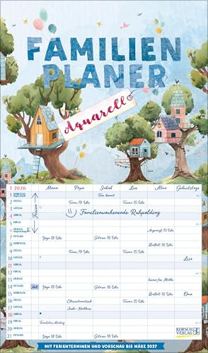 Familienplaner Aquarell 2026: Familientimer, 6 große Spalten. Mit Ferienterminen, extra Spalte und Vorschau bis März 2027 und vielem mehr. Format: 27 x 46 cm