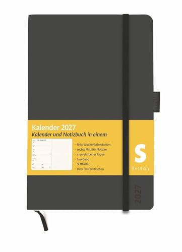 Kombitimer schwarz klein 2027: Schwarzer Terminkalender 2027. Buch-Kalender mit Lesebändchen und Gummiband. Kleiner Taschenkalender zum Planen von Terminen.