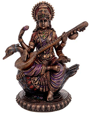 Saraswati Idol - Sculpture Hindu Goddess of Knowledge, Music & Art (21.0cm Height X 11.0 cm Width)