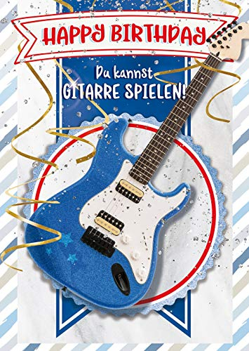 bentino Geburtstagskarte für Jungs mit Gitarre zum SELBER SPIELEN, Spiele auf der Gitarre den Song Happy Birthday, DIN A4 Set mit Umschlag, Glückwunschkarte mit Musik