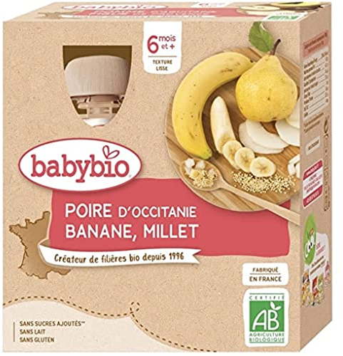 Babybio - Gourdes Fruits - Poire de Provence Banane Millet 4x90 g - 6+ Mois - BIO