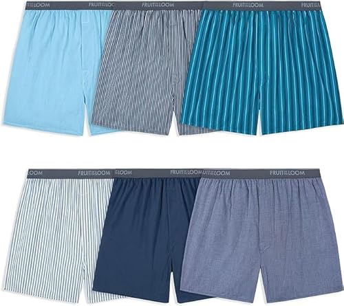 Fruit of the Loom Men's Tag-Free Boxer Shorts, Relaxed Fit, Moisture Wicking, Multipacks, Woven-6 Pack-Assorted Colors-Exposed Waistband, XXL