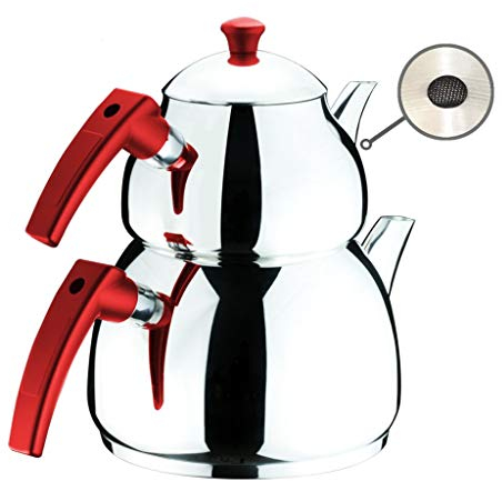 Juego de teteras turcas para encimera de cocina, juego de tetera doble de acero inoxidable con mango de baqualita, hervidor de té Samovar, capacidad total de 3,25 L (rojo)