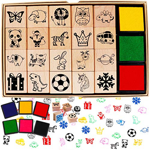 HOWAF 26pcs Hölzern Stempel für inder Basteln mit Stempelkissen, Tier Weihnachtsmann Einhorn Dinosaurier Fußball Schneeflocke Stempel für Kinder DIY Scrapbooks Drucken Gastgeschenk Mitgebsel
