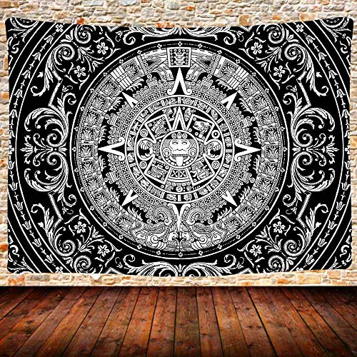 UHOMETAP Maya-Kalender, Tapisserie, schwarz-weiß, Azteken-Kalender, Wandteppich, psychedelisch, Wandkunst, Dekoration, Bohemian-Stil, Hippie-Wandbehang für Schlafsaal, 203x152 cm, GTQQUH968