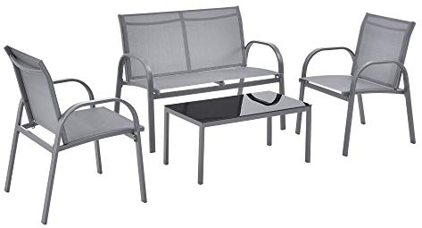 Salon de Jardin Design Table Basse Plateau en Verre Canapé Fauteuils Set de 4 Meubles Extérieurs pour 4 Personnes Acier PVC Polyester Noir Gris Clair