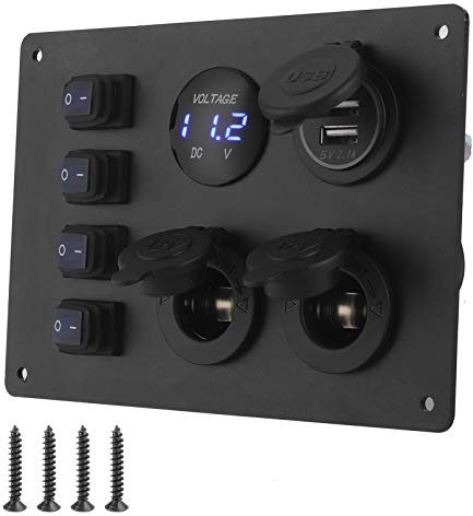 Panneau de Commande à Interrupteur à Bascule 4 Gangs étanche Double Port de Chargeur USB Affichage de la Tension 12 V Prise Adaptée pour les Véhicules de Bateau de Voiture