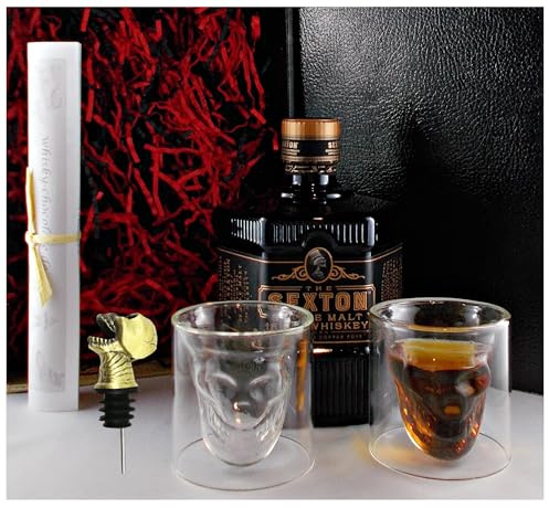 H-BO The Sexton Irischer Whiskey Geschenkset 0,7l mit 2 Totenkopfgläser & Totenkopf Ausgießer - Edles Single Malt Whisky Genießerset in Geschenkbox für Männer & Genießer