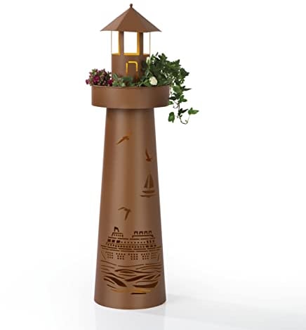 Hoberg Colonne de Plantes LED | Design Phare | Aspect Rouille | Convient pour l'intérieur et l'extérieur | Eclairage LED | Minuterie 6h | sans Fil | avec bac à Plantes | Hauteur env. 80cm