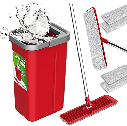 Green Blue GB870 MaxiClean Flachmopp Set mit 2 in 1 Putzeimer 5,7L Wischmop Set Bodenwischer Mopp Mop Reinigungssystem Reiniger 360° Drehbarer Moppkopf (Flach-Mopp und Eimer Set + 4X Ersatzbezüge)