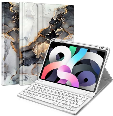 FINTIE Tastatur Hülle für iPad Air 11 Zoll M3/M2 (2025/2024), iPad Air 5/4 Generation 10.9(2022/2020), TPU Rückschale Schutzhülle mit Stifthalter, magnetisch Abnehmbarer QWERTZ Keyboard,Trübe Marmor