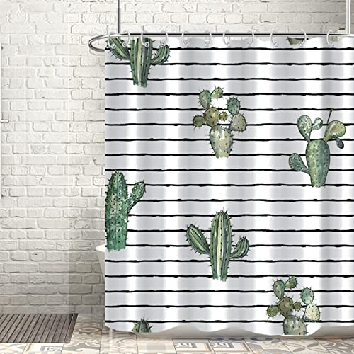 Bovlleetd Schwarz-weiß gestreifter Duschvorhang, großer Kaktus mit stacheligen grünen Pflanzen, Cartoon-Duschvorhänge, wasserdicht, Mädchen, Badvorhang Badezimmerdekoration 180x180cm