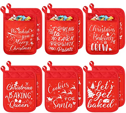 WILLBOND 12 Piece Christmas Pot Holders with Pocket - Funny Hot Pads for Kitchen, Oven, Baking & Cooking