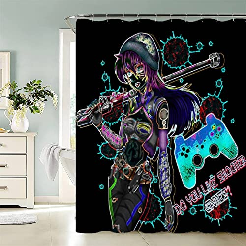 KIYAYO Duschvorhang 180x200 cm Anime Duschvorhang Anti-schimmel 3D Motiv Coloré Manette De Jeu Bad-duschvorhang Jugendstil Duschvorhänge Für Badezimmer Mit 12 Ringe