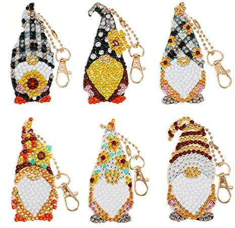 JSRQT 6 Stück Diamond Art Painting Schlüsselanhänger,DIY Gnom Doppelseitige Diamant Malerei Schlüsselbund,Rhinestone Pasted Diamond Art keychain Stickerei Kunst Handwerk