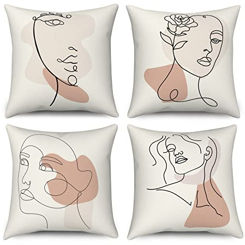 ASDCXZ Boho Kissenbezug 50x50 cm 4er Set, Abstrakt Boho Style Mädchen Gesicht Sofa Kissen Bezug Dekokissen Kissenbezüge Kissenhülle Waschbar Polyester Flachs Textil Outdoor Polster Kopfkissenbezug