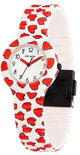 HIP HOP, Collezione Happy Love, Orologio Donna, con Cinturino in Silicone Intercambiabile, Pratica Chiusura, Lunetta Bianca, Numeri Neri, Cassa 32 mm, Movimento al Quarzo, Bianco con Cuoricini Rossi