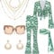 60/70er Jahre Disco Verkleidung für Damen, 1970er Hippie-Kostüm, Outfit mit ausgestelltem Oberteil, Hose, Stirnband, Halskette, Ohrringe, Armband, Taillenkette, Brille, Hippie-Stil, Kleidung für