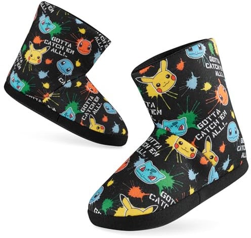 Pokemon Boys Slippers Boot Slippers Pikachu Bulbasaur Soft Kids Shoes Non Slip House Shoes Anime Gifts for Boys (12 UK, Black Aop)