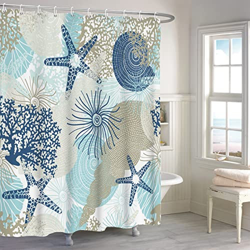 MIRRORANG Nautische Küste Duschvorhang, Seestern Korallen Muschel Badezimmer Vorhang, Ozean Thema Unterwasser Marine Duschvorhang Set mit 12 Haken,183x183cm