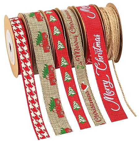 Bekecidi 6 rollos de cinta de arpillera de Navidad, cinta de Navidad para envolver regalos, cinta de tela roja, cinta de yute, cinta de Navidad para coronas, regalos de árbol de Navidad, decoraciones