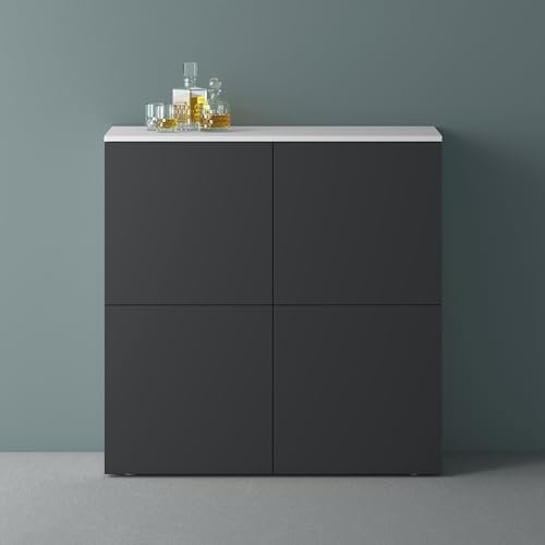 Mai & Mai Möbel Kommode Aufbewahrungsschrank mit 4 Türen in Weiß matt + Anthrazit matt Sideboard Schrank Mehrzweckschrank BTH: 100x36,4x98 cm Schrank04