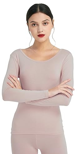 Mcilia Damen Ultradünnes Thermo-Basisschicht Oberhemd aus Modal mit tiefem Rundhalsausschnitt Haut Rosa Small (EU 34 36 38)