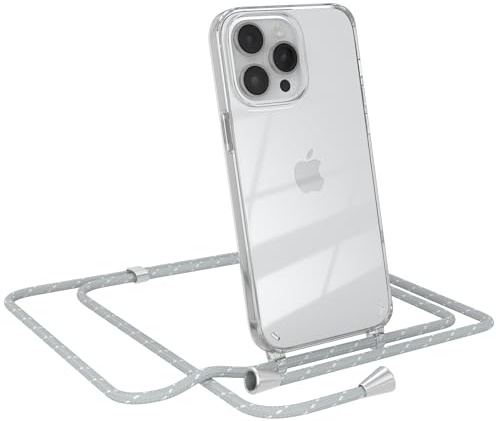 EAZY CASE Handykette kompatibel mit iPhone 14 Pro Max Handyhülle mit Umhängeband, Handykordel mit Schutzhülle, Silikonhülle, Hülle mit Band, Stylische Kette für Smartphones, Grau/Weiß - Clips Silber