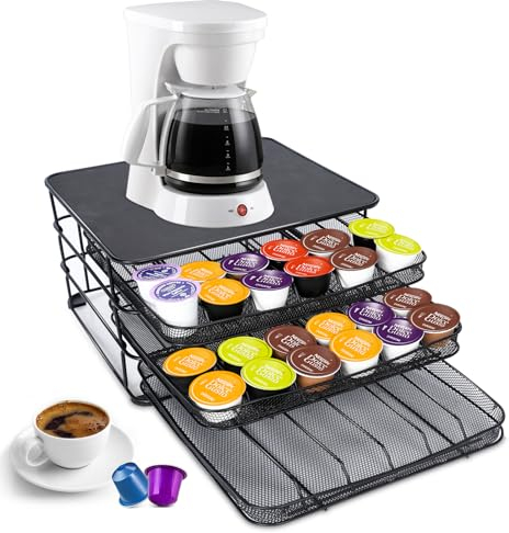 MASTERTOP Coffee Pods Holder, 108 Pod Capacity Coffee Capsule Drawer for Dolce Gusto & K-Cup, 3-Tier Coffee Pod Organizer for Office Home Coffee Capsules Storage - Black, Send 1 Microfibre Cloth