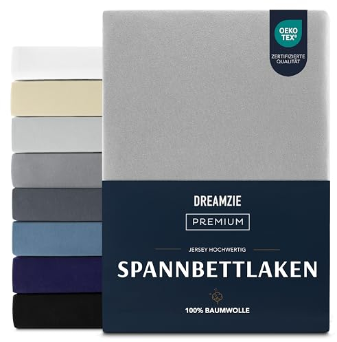 Dreamzie Premium Spannbettlaken 160x200 cm, Spannbetttuch für Dicke Matratzen bis zu 27 cm, Bettlaken 100% Jersey Baumwolle, 150 g/m², Oeko-TEX Zertifiziert - Grau